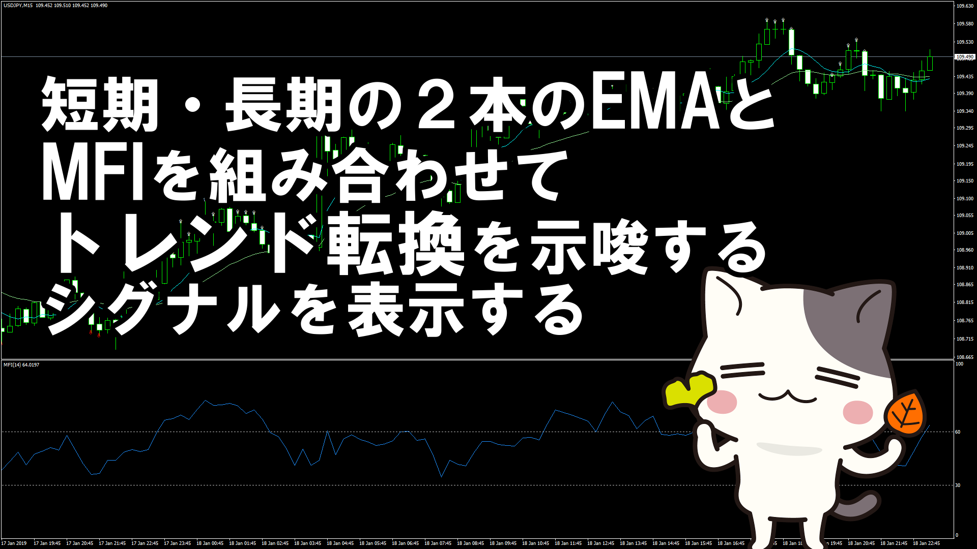 短期・長期の２本のEMAとMFIを組み合わせてトレンド転換を示唆するシグナルを表示するMT4インジケーター『AO_MFI_MA_Ron_01』