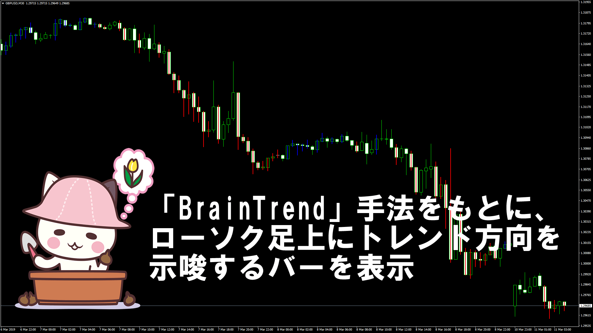 「BrainTrend」手法をもとに、ローソク足上にトレンド方向を示唆するバーを表示するMT4インジケーター『BT1』
