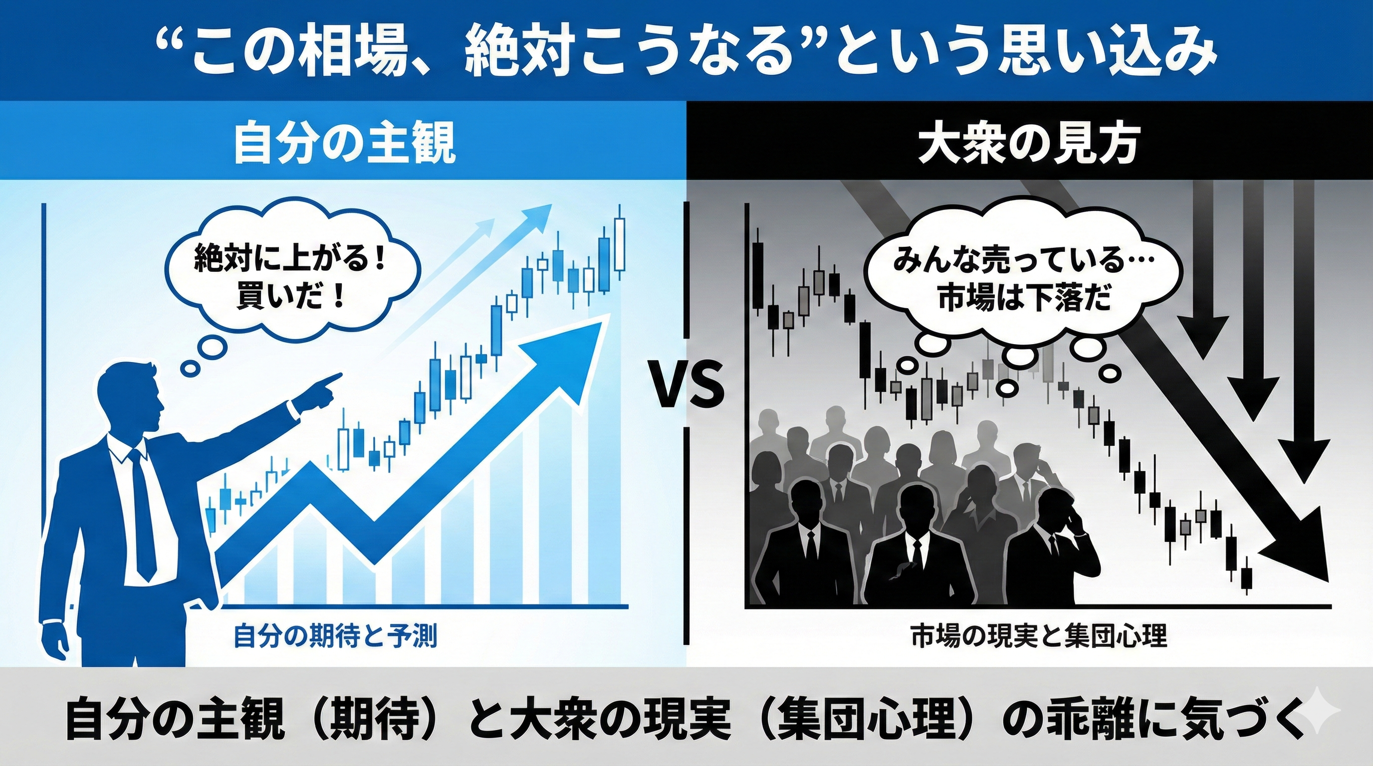 自分の主観と大衆の見方のズレを示すインフォグラフィック