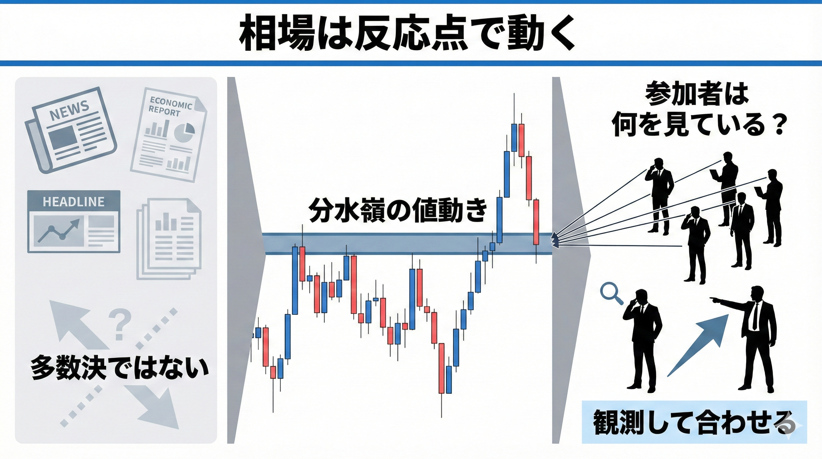 相場は反応点で動き、参加者が何を見ているかを観測することを示すインフォグラフィック