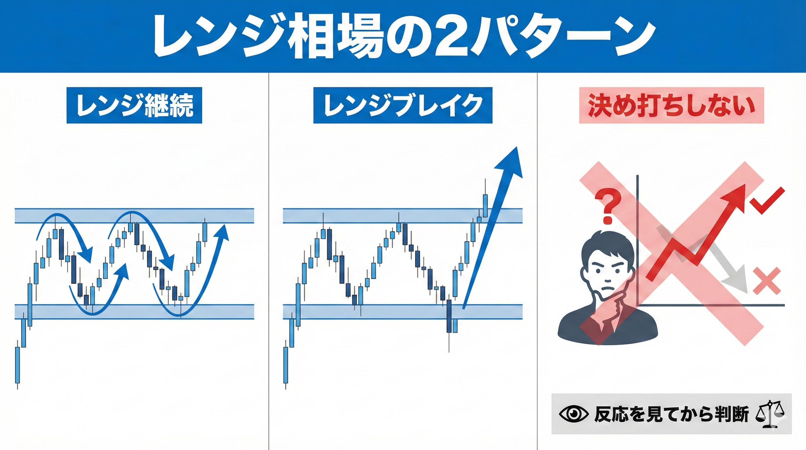 レンジ継続とレンジブレイクの2パターンを示すインフォグラフィック