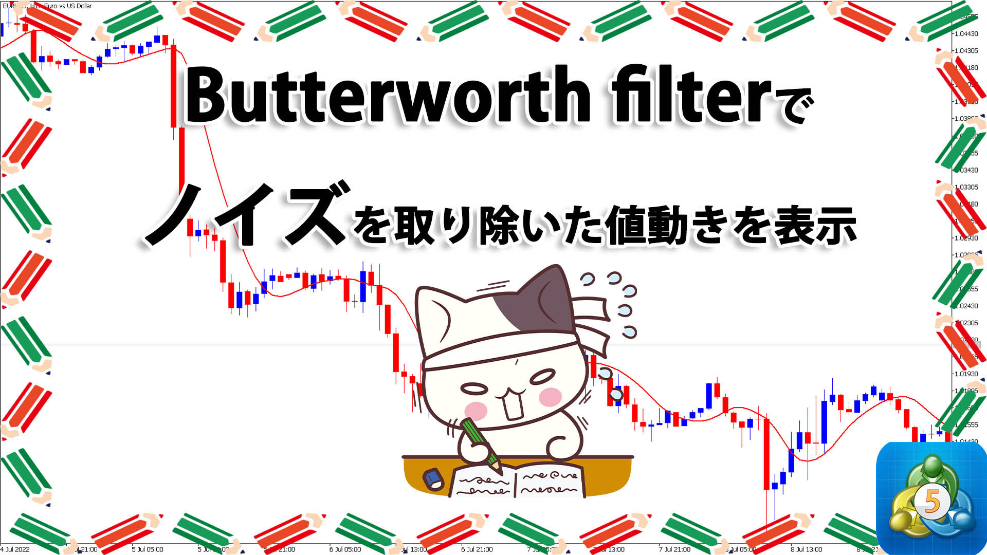 Butterworth filterでノイズを取り除いた値動きを表示するMT5インジケーター「twopolebutterworthfilter」
